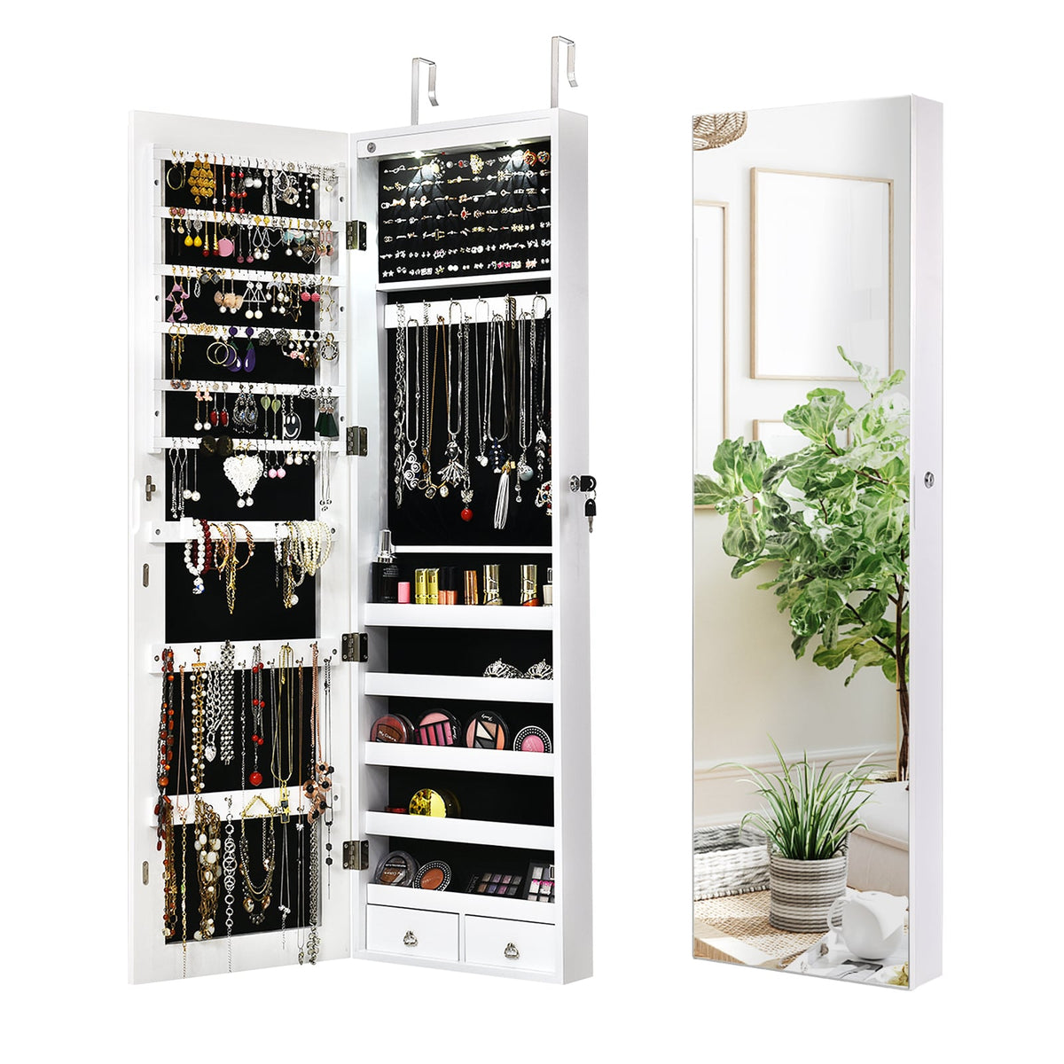 Wall and Door Mounted Mirrored Jewelry Cabinet With Lights-White-Jewelry Armoires-DECOROLALA