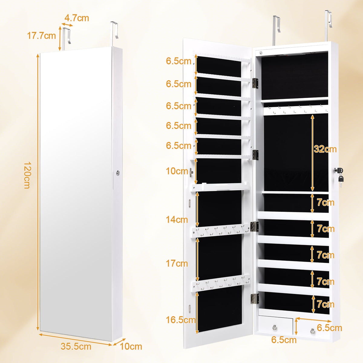 Wall and Door Mounted Mirrored Jewelry Cabinet With Lights-White-Jewelry Armoires-DECOROLALA