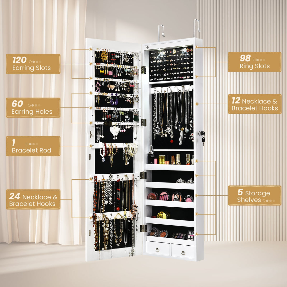 Wall and Door Mounted Mirrored Jewelry Cabinet With Lights-White-Jewelry Armoires-DECOROLALA