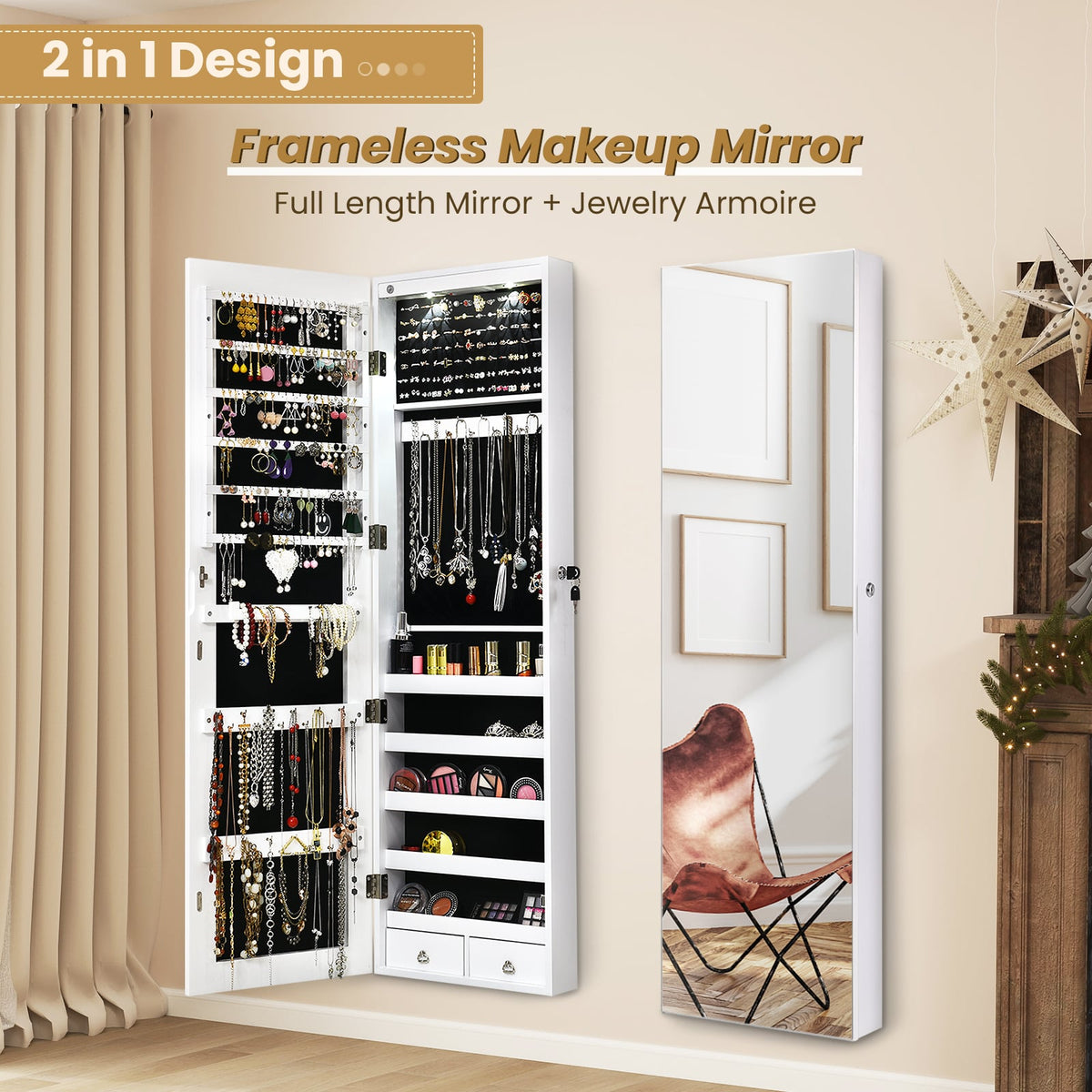 Wall and Door Mounted Mirrored Jewelry Cabinet With Lights-White-Jewelry Armoires-DECOROLALA
