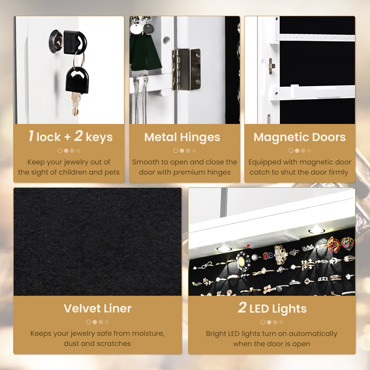 Wall and Door Mounted Mirrored Jewelry Cabinet With Lights-White-Jewelry Armoires-DECOROLALA