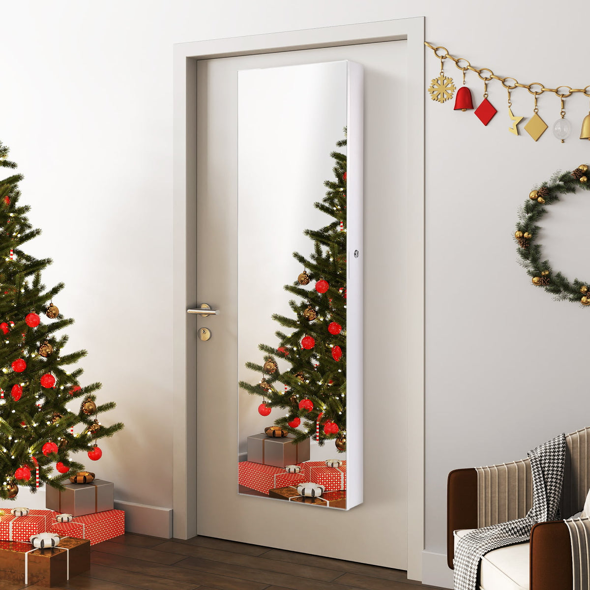 Wall and Door Mounted Mirrored Jewelry Cabinet With Lights-White-Jewelry Armoires-DECOROLALA