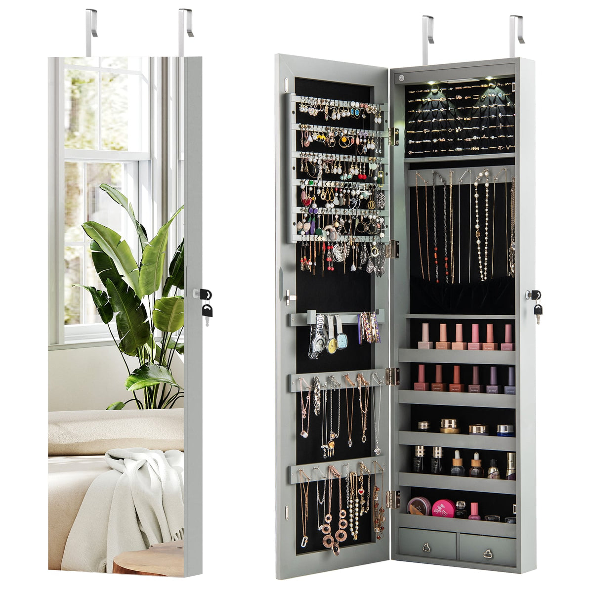 Wall and Door Mounted Mirrored Jewelry Cabinet with Lights-Gray-Jewelry Armoires-DECOROLALA