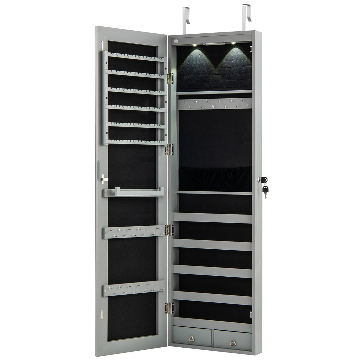 Wall and Door Mounted Mirrored Jewelry Cabinet with Lights-Gray-Jewelry Armoires-DECOROLALA