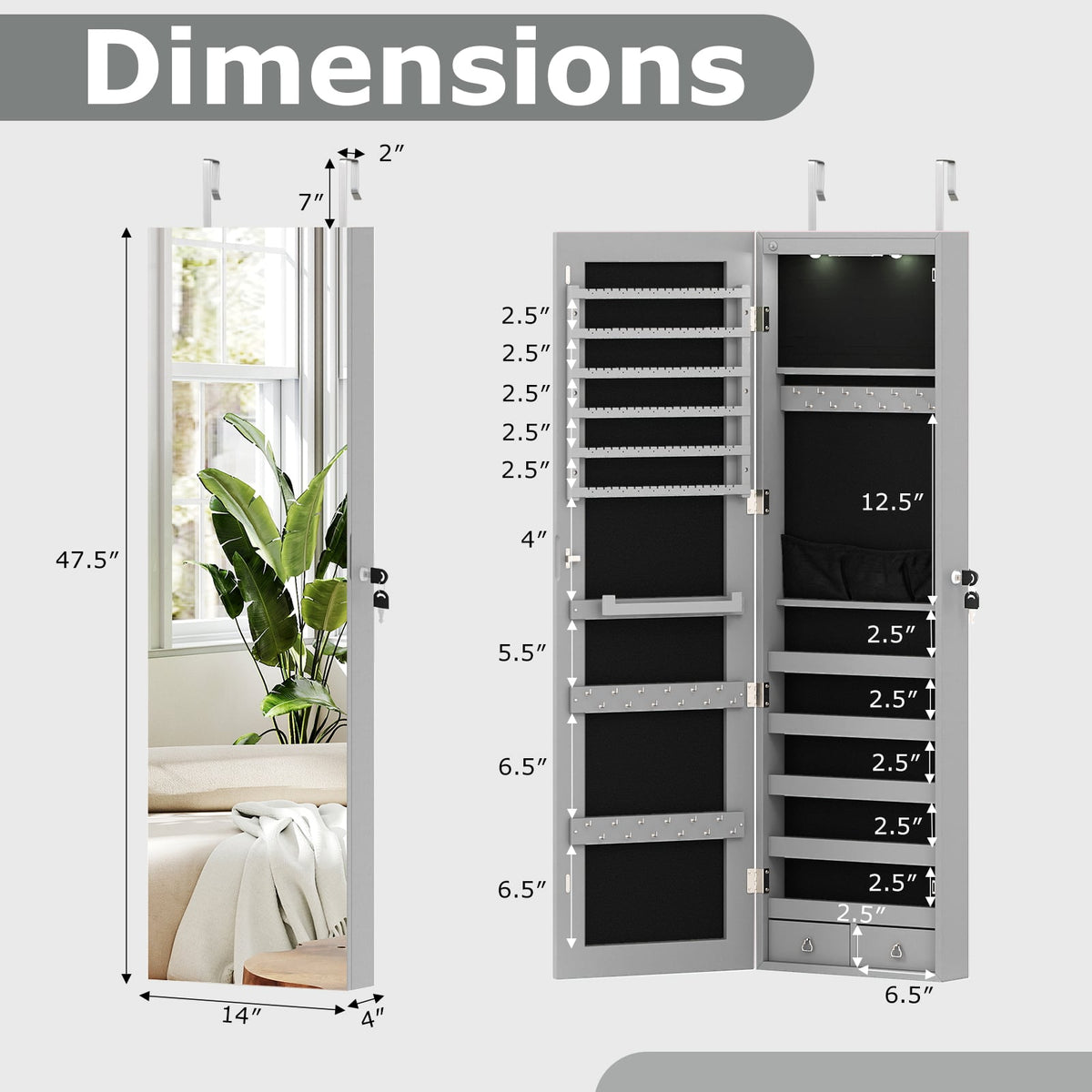 Wall and Door Mounted Mirrored Jewelry Cabinet with Lights-Gray-Jewelry Armoires-DECOROLALA