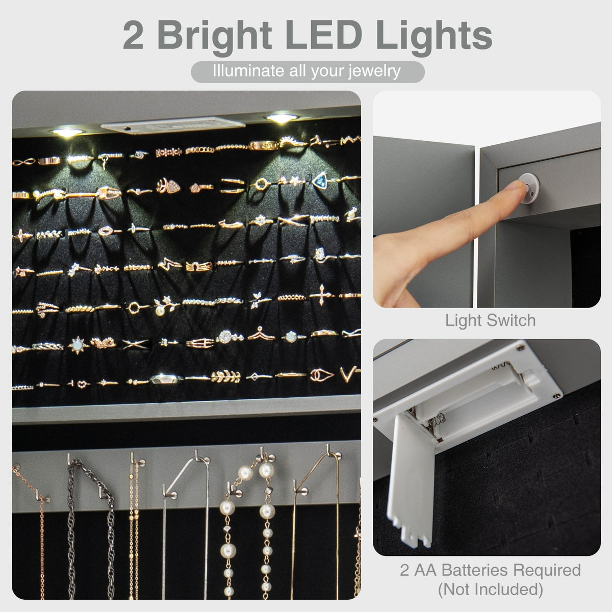 Wall and Door Mounted Mirrored Jewelry Cabinet with Lights-Gray-Jewelry Armoires-DECOROLALA