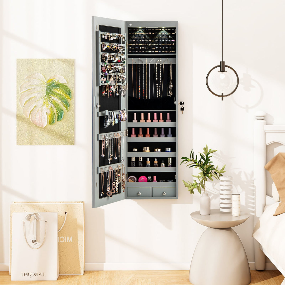 Wall and Door Mounted Mirrored Jewelry Cabinet with Lights-Gray-Jewelry Armoires-DECOROLALA