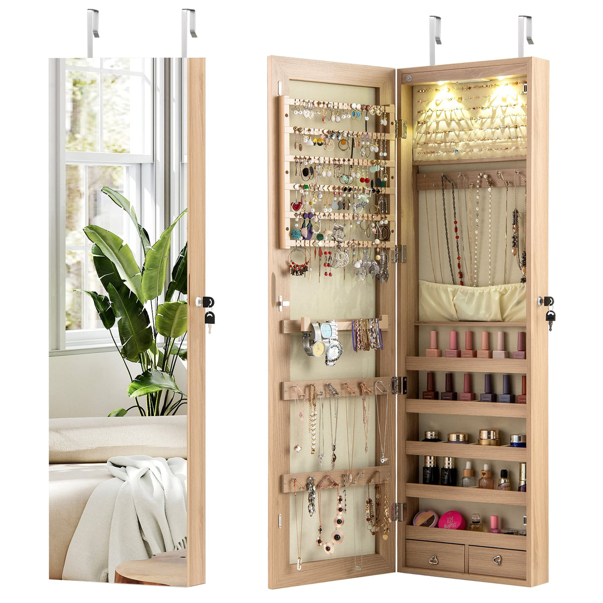 Wall and Door Mounted Mirrored Jewelry Cabinet with Lights-Natural-Jewelry Armoires-DECOROLALA