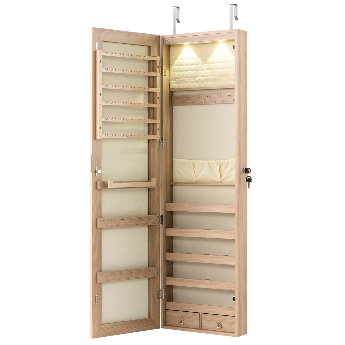 Wall and Door Mounted Mirrored Jewelry Cabinet with Lights-Natural-Jewelry Armoires-DECOROLALA