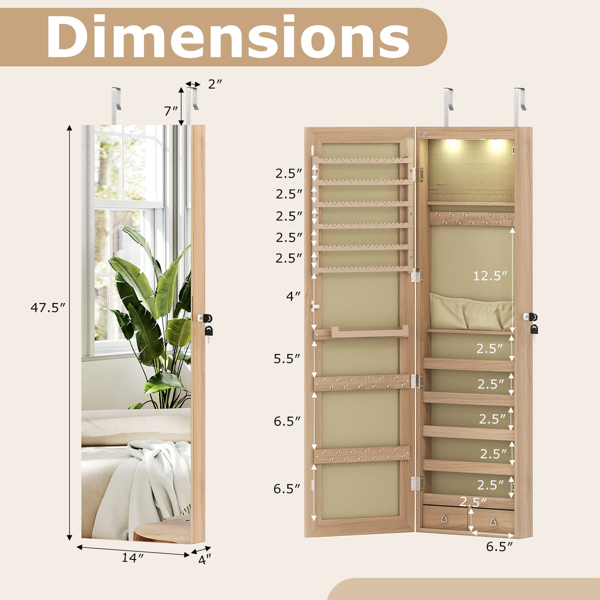 Wall and Door Mounted Mirrored Jewelry Cabinet with Lights-Natural-Jewelry Armoires-DECOROLALA
