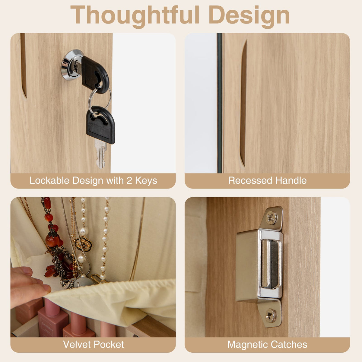 Wall and Door Mounted Mirrored Jewelry Cabinet with Lights-Natural-Jewelry Armoires-DECOROLALA