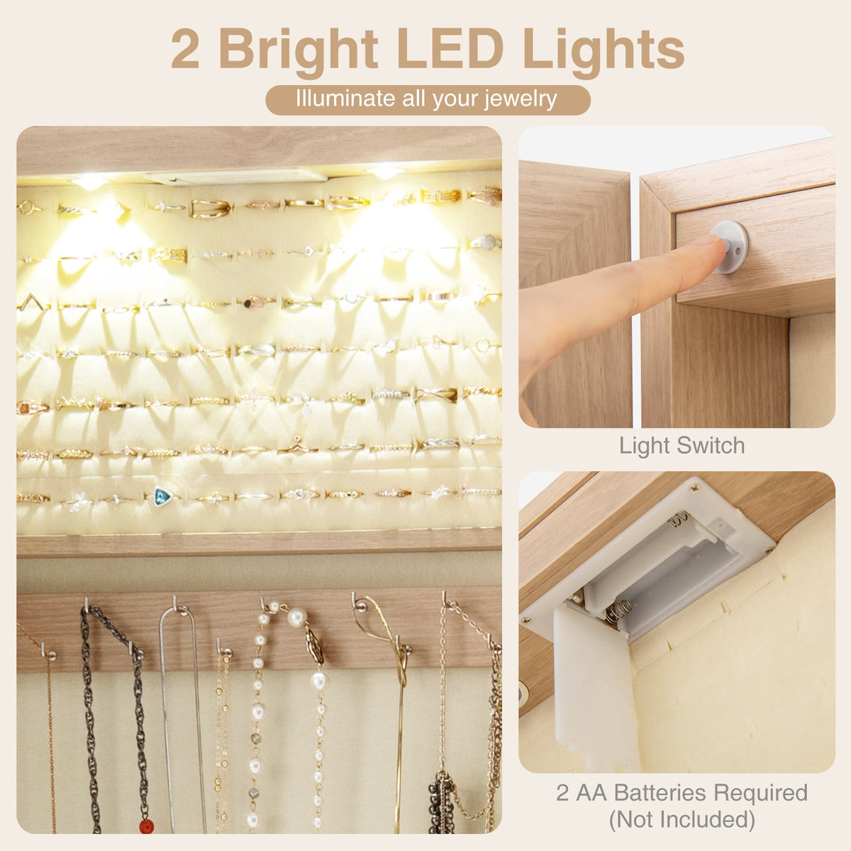 Wall and Door Mounted Mirrored Jewelry Cabinet with Lights-Natural-Jewelry Armoires-DECOROLALA