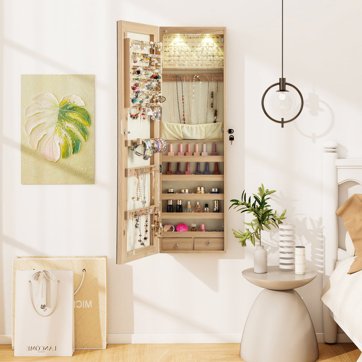 Wall and Door Mounted Mirrored Jewelry Cabinet with Lights-Natural-Jewelry Armoires-DECOROLALA