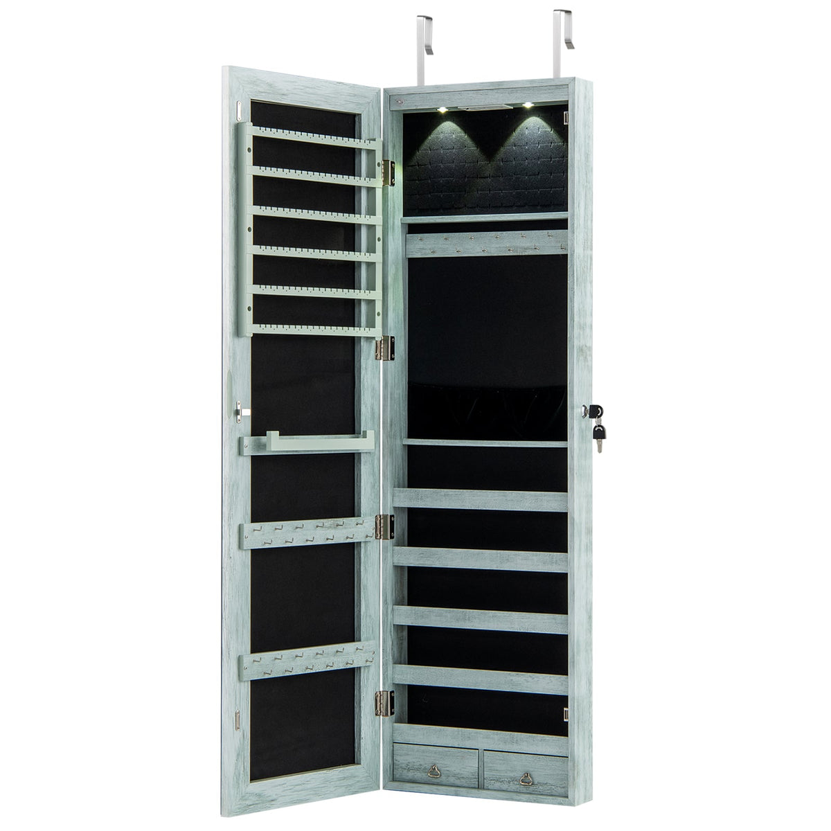 Wall and Door Mounted Mirrored Jewelry Cabinet with Lights-Navy-Jewelry Armoires-DECOROLALA