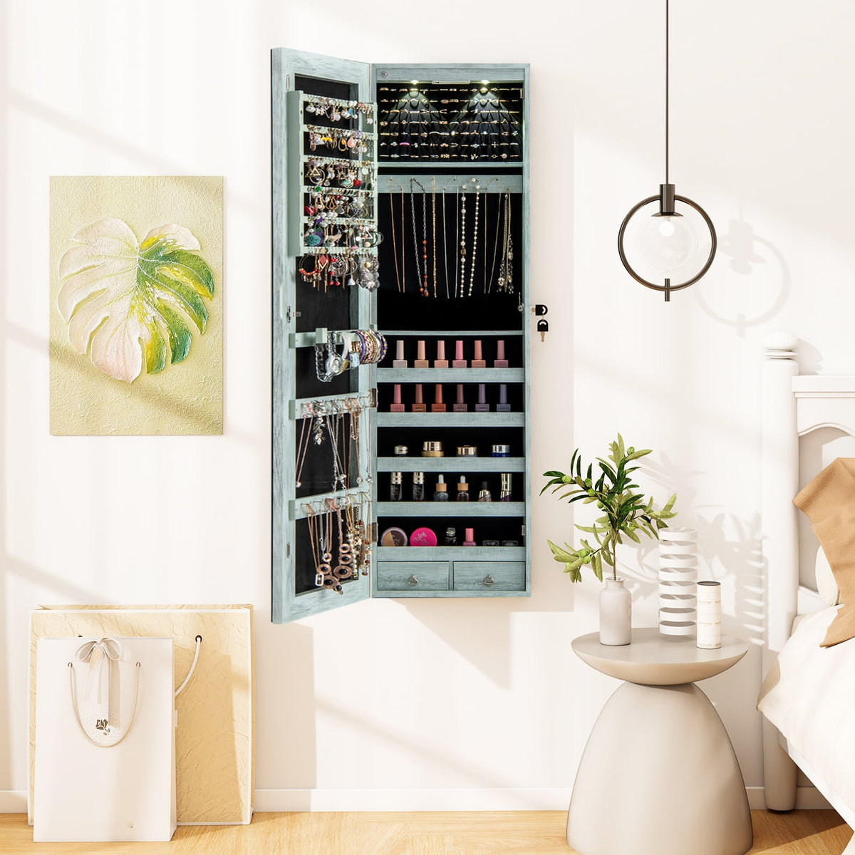 Wall and Door Mounted Mirrored Jewelry Cabinet with Lights-Navy-Jewelry Armoires-DECOROLALA
