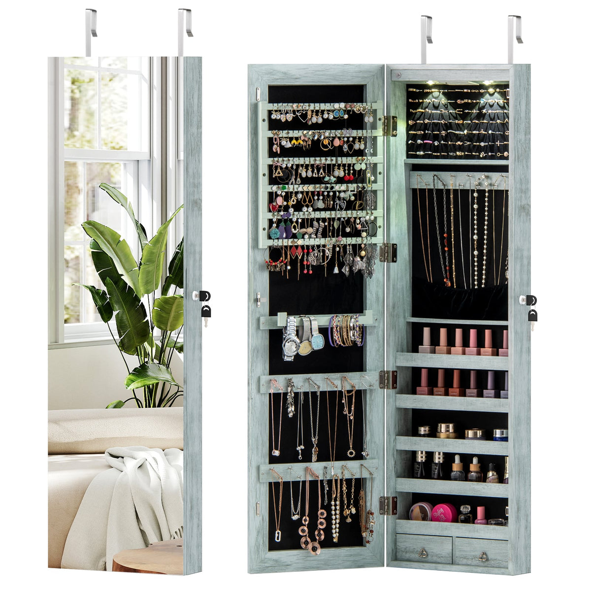 Wall and Door Mounted Mirrored Jewelry Cabinet with Lights-Navy-Jewelry Armoires-DECOROLALA
