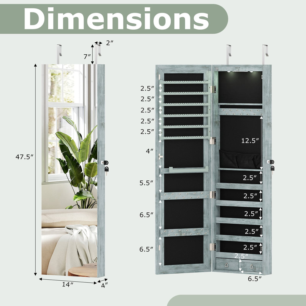 Wall and Door Mounted Mirrored Jewelry Cabinet with Lights-Navy-Jewelry Armoires-DECOROLALA