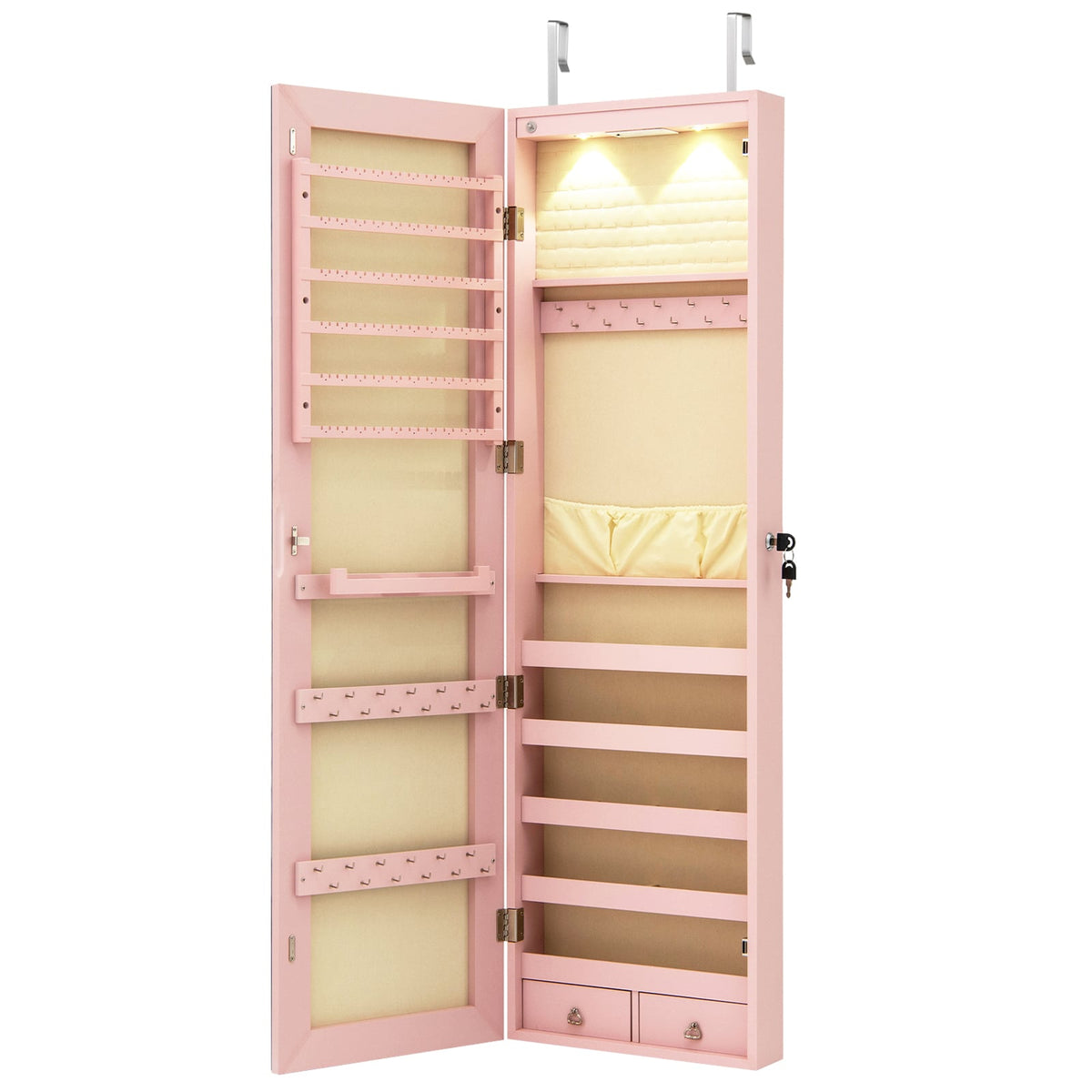 Wall and Door Mounted Mirrored Jewelry Cabinet with Lights-Pink-Jewelry Armoires-DECOROLALA