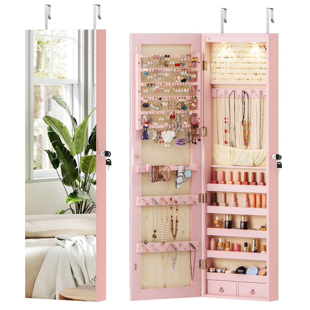 Wall and Door Mounted Mirrored Jewelry Cabinet with Lights-Pink-Jewelry Armoires-DECOROLALA