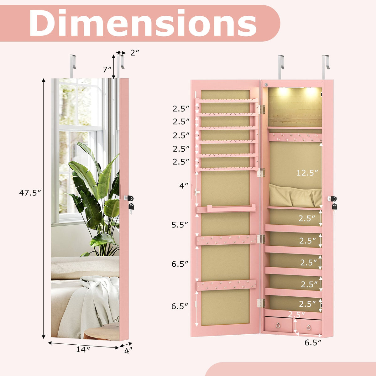Wall and Door Mounted Mirrored Jewelry Cabinet with Lights-Pink-Jewelry Armoires-DECOROLALA