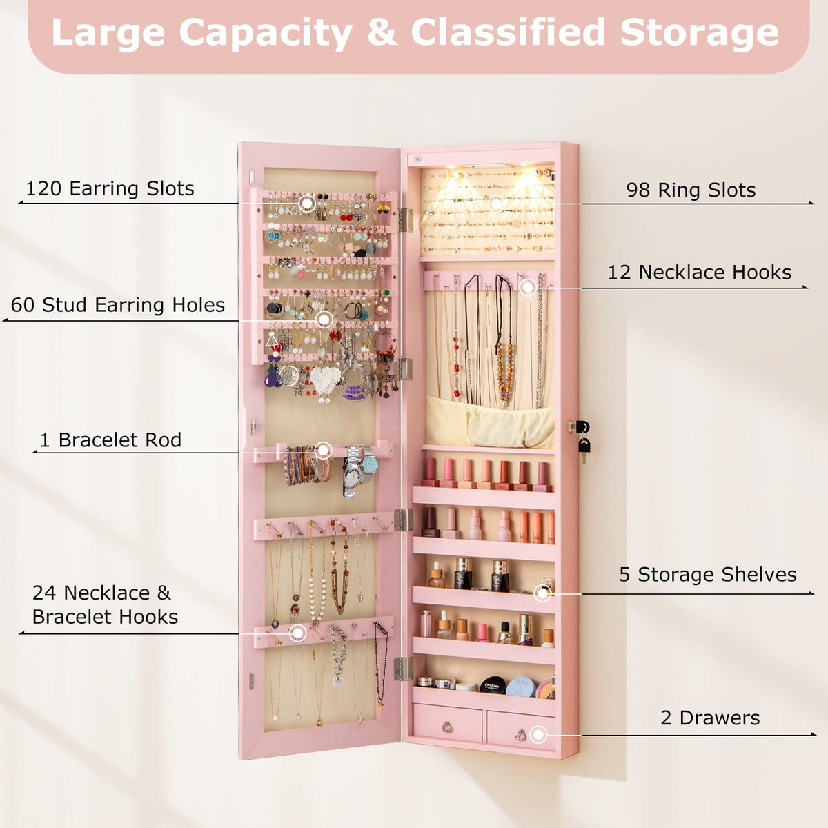 Wall and Door Mounted Mirrored Jewelry Cabinet with Lights-Pink-Jewelry Armoires-DECOROLALA
