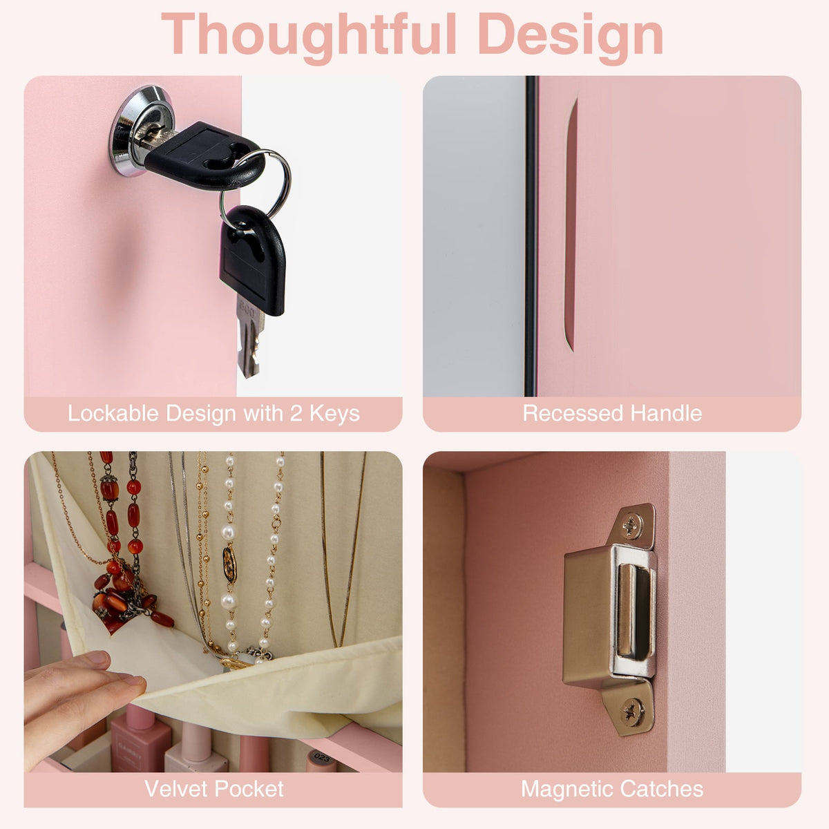 Wall and Door Mounted Mirrored Jewelry Cabinet with Lights-Pink-Jewelry Armoires-DECOROLALA