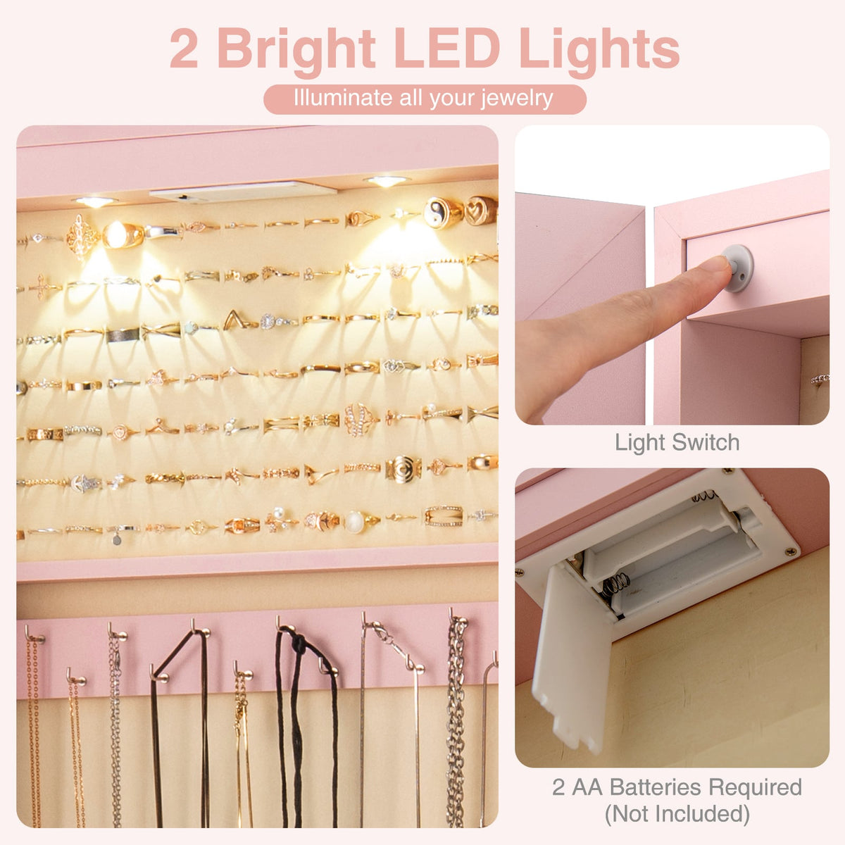 Wall and Door Mounted Mirrored Jewelry Cabinet with Lights-Pink-Jewelry Armoires-DECOROLALA