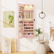 Wall and Door Mounted Mirrored Jewelry Cabinet with Lights-Pink-Jewelry Armoires-DECOROLALA
