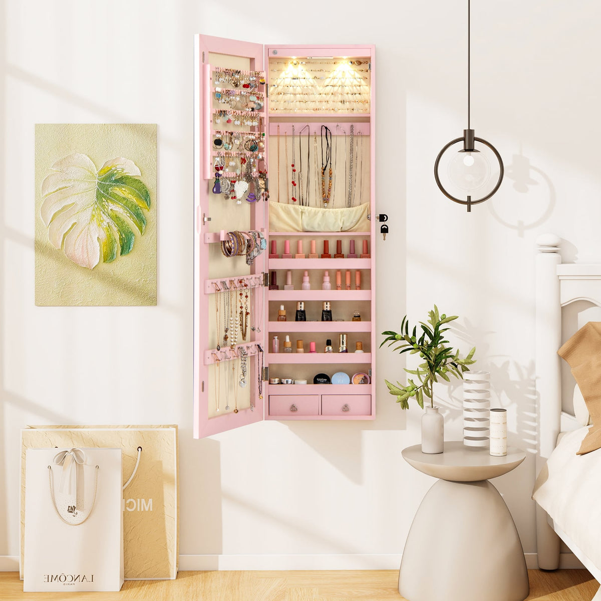 Wall and Door Mounted Mirrored Jewelry Cabinet with Lights-Pink-Jewelry Armoires-DECOROLALA