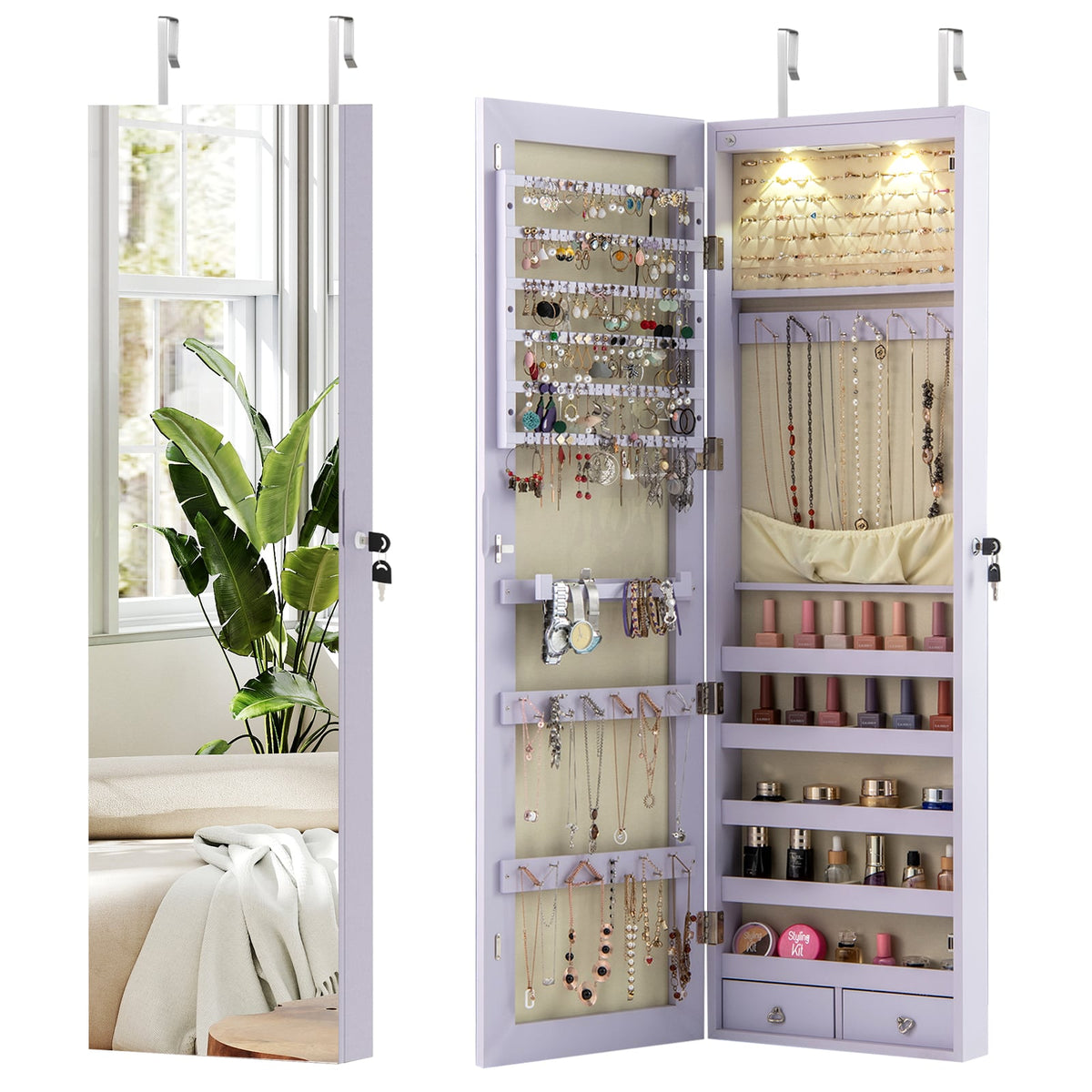 Wall and Door Mounted Mirrored Jewelry Cabinet with Lights-Purple-Jewelry Armoires-DECOROLALA
