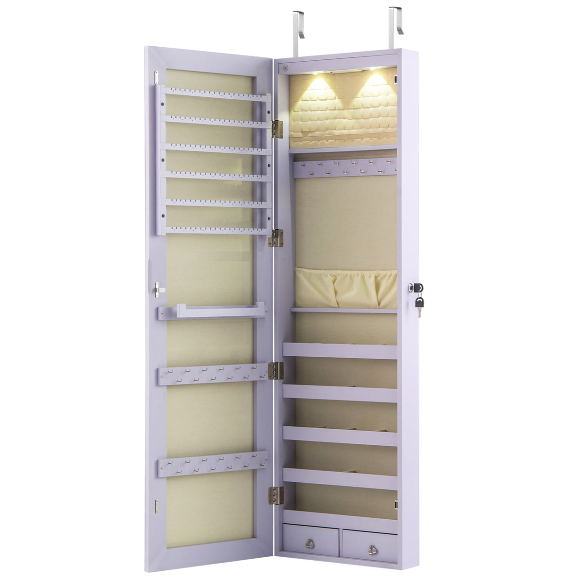 Wall and Door Mounted Mirrored Jewelry Cabinet with Lights-Purple-Jewelry Armoires-DECOROLALA
