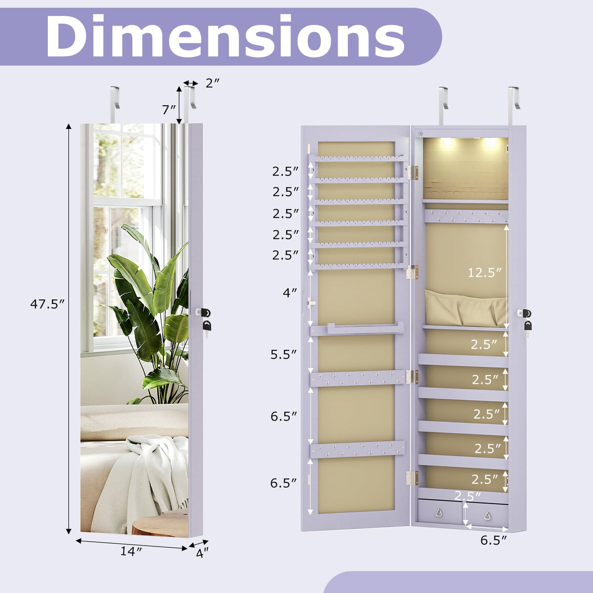 Wall and Door Mounted Mirrored Jewelry Cabinet with Lights-Purple-Jewelry Armoires-DECOROLALA