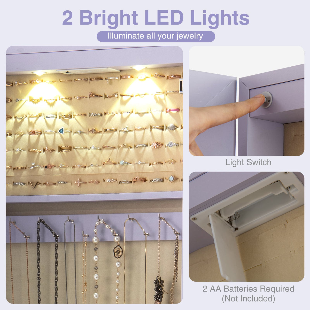 Wall and Door Mounted Mirrored Jewelry Cabinet with Lights-Purple-Jewelry Armoires-DECOROLALA