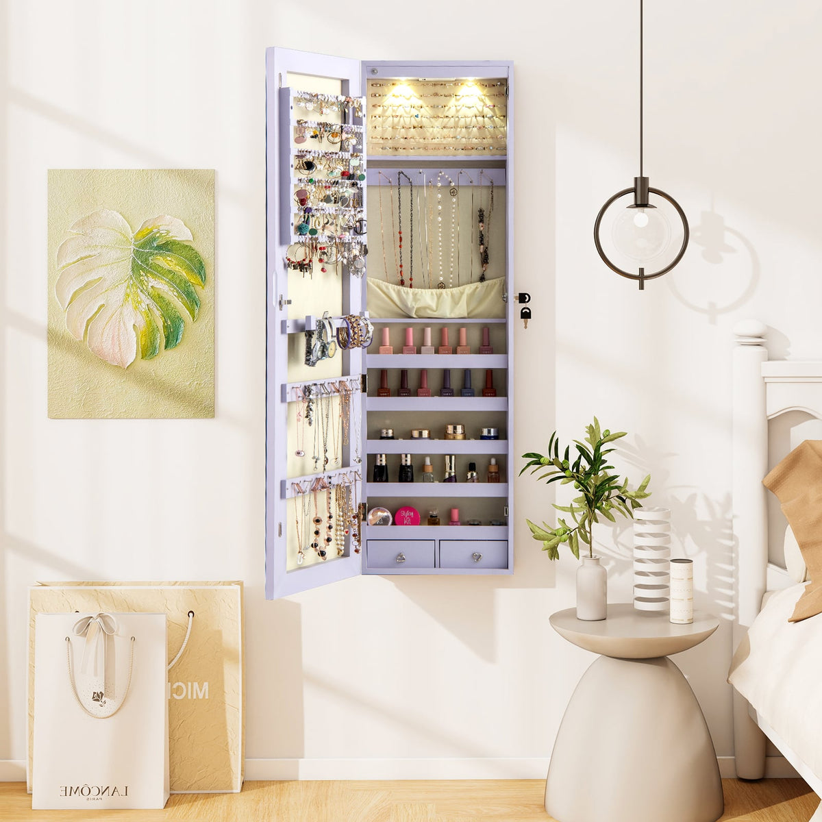 Wall and Door Mounted Mirrored Jewelry Cabinet with Lights-Purple-Jewelry Armoires-DECOROLALA