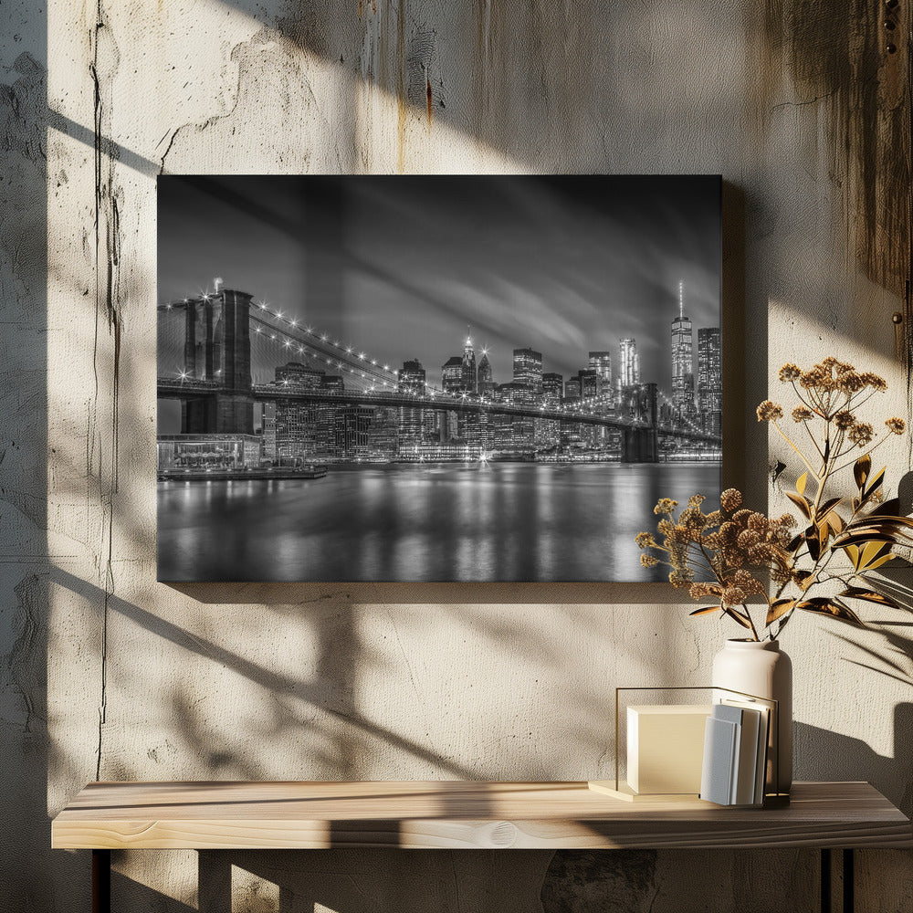 Wall art-BROOKLYN BRIDGE Nightly Impressions - Monochrome-Canvas Print-DECOROLALA