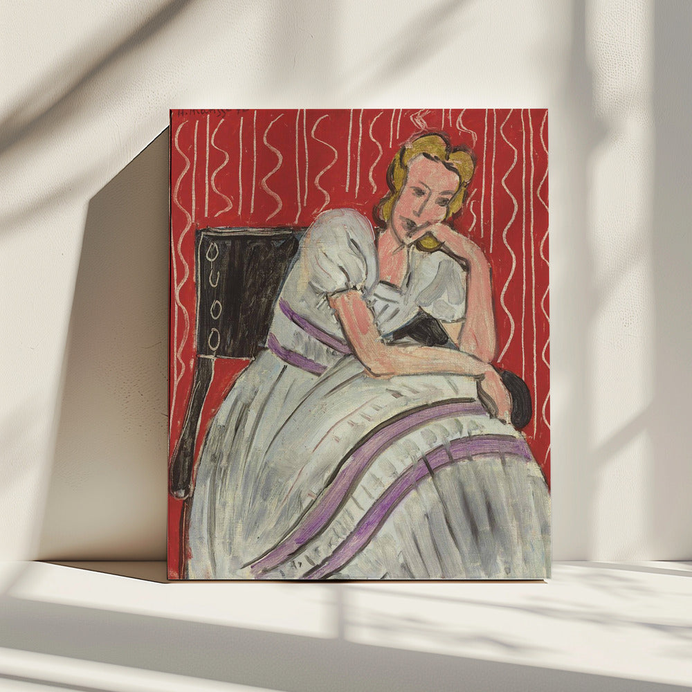 Wall art Jeune Femme Assise En Robe Grise-canvas prints-DECOROLALA