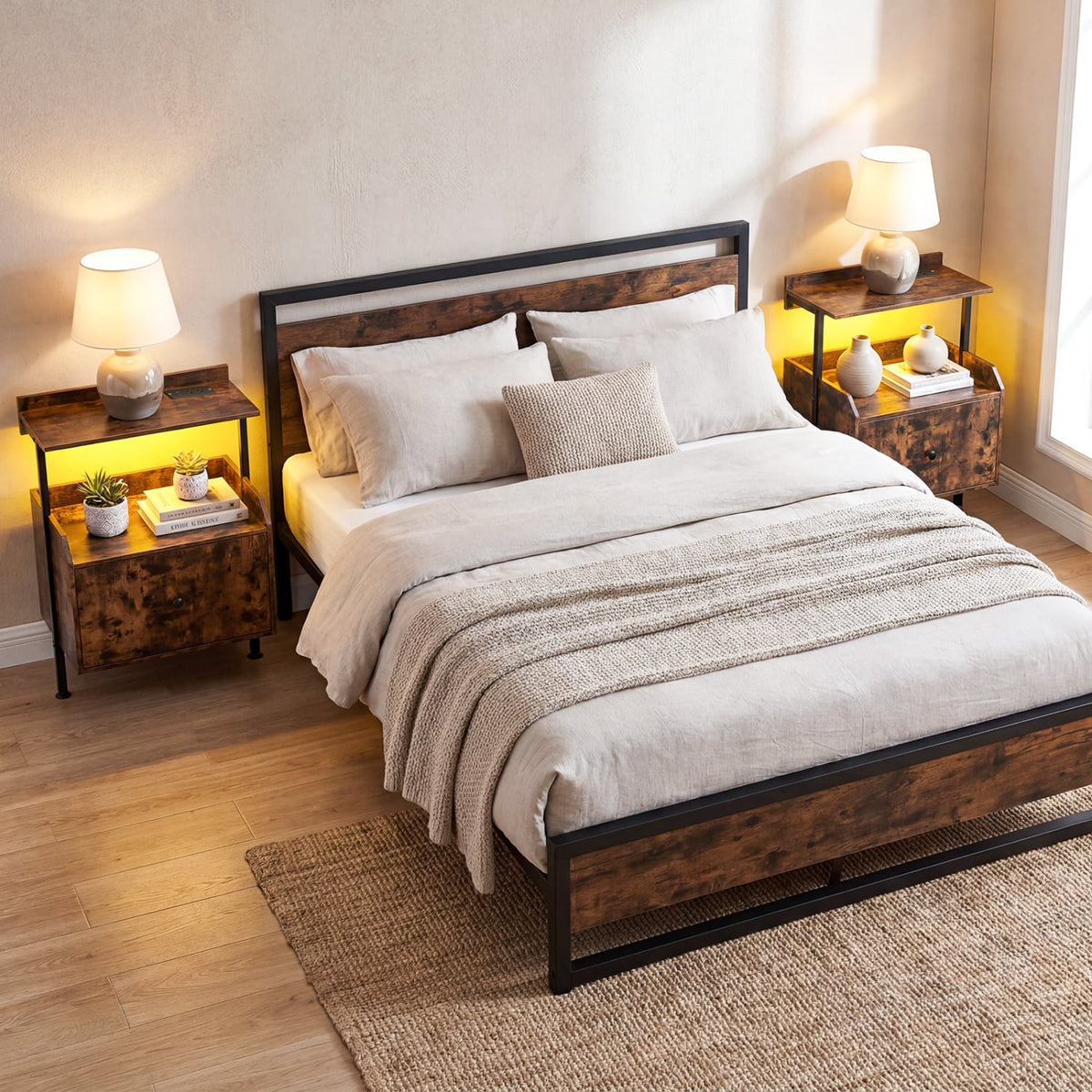 Wall-mounted Nightstand with LED Lights and Charging Station for Bedroom-Rustic Brown-Nightstands-DECOROLALA