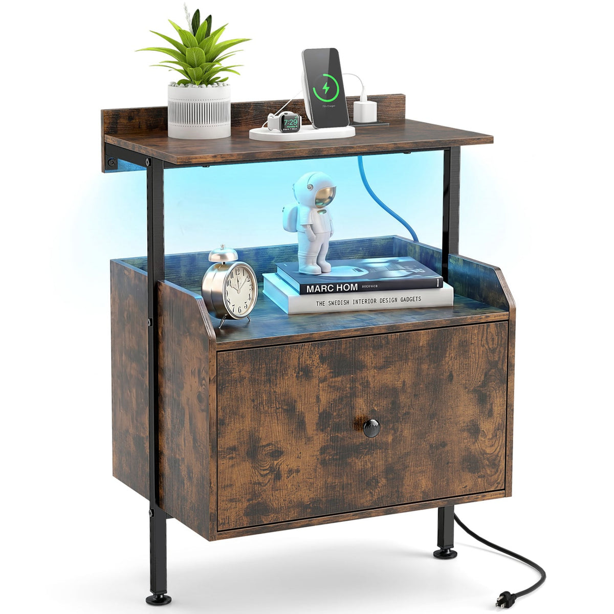 Wall-mounted Nightstand with LED Lights and Charging Station for Bedroom-Rustic Brown-Nightstands-DECOROLALA