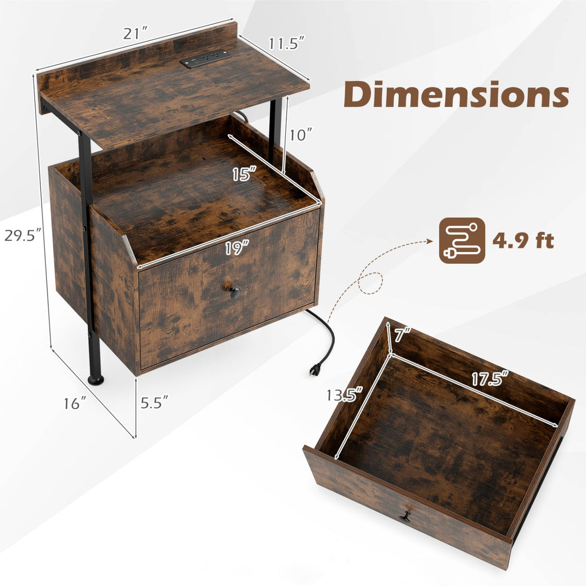 Wall-mounted Nightstand with LED Lights and Charging Station for Bedroom-Rustic Brown-Nightstands-DECOROLALA