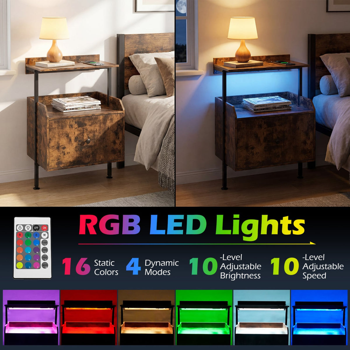 Wall-mounted Nightstand with LED Lights and Charging Station for Bedroom-Rustic Brown-Nightstands-DECOROLALA