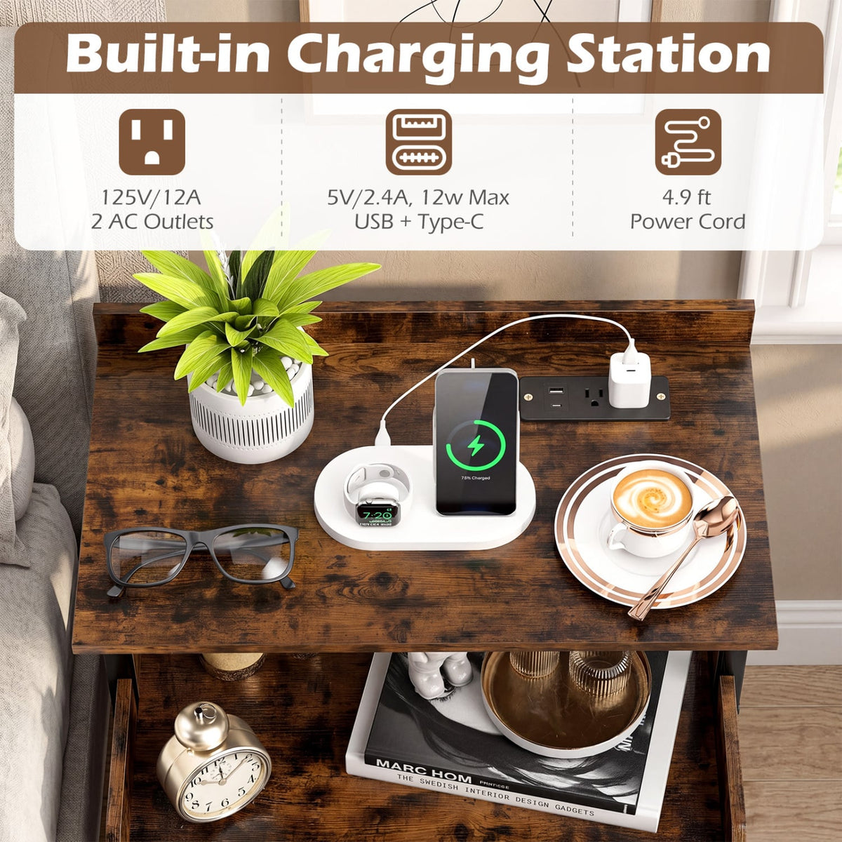 Wall-mounted Nightstand with LED Lights and Charging Station for Bedroom-Rustic Brown-Nightstands-DECOROLALA