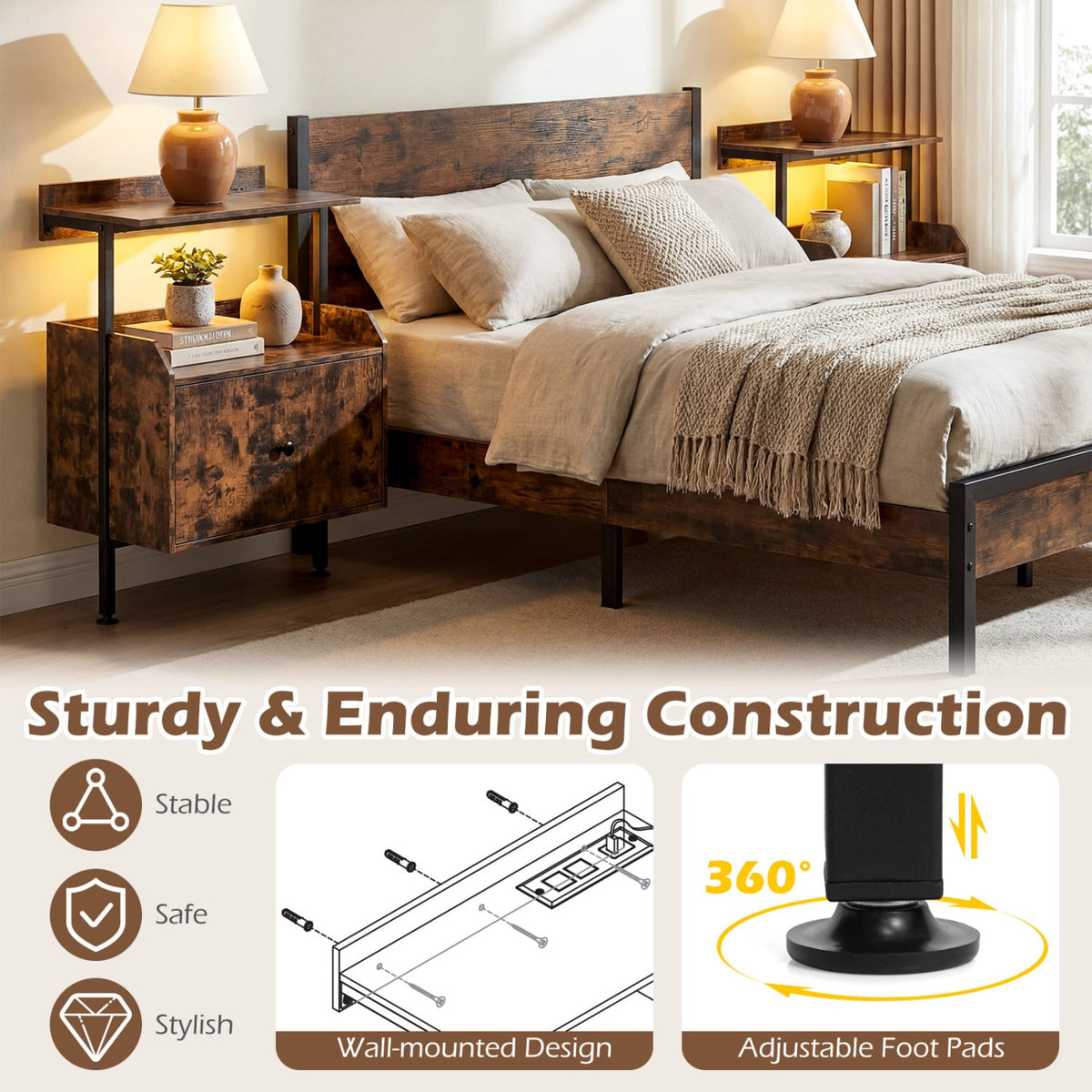 Wall-mounted Nightstand with LED Lights and Charging Station for Bedroom-Rustic Brown-Nightstands-DECOROLALA