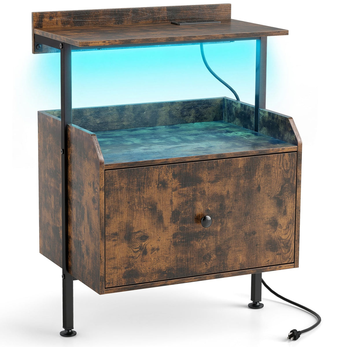 Wall-mounted Nightstand with LED Lights and Charging Station for Bedroom-Rustic Brown-Nightstands-DECOROLALA