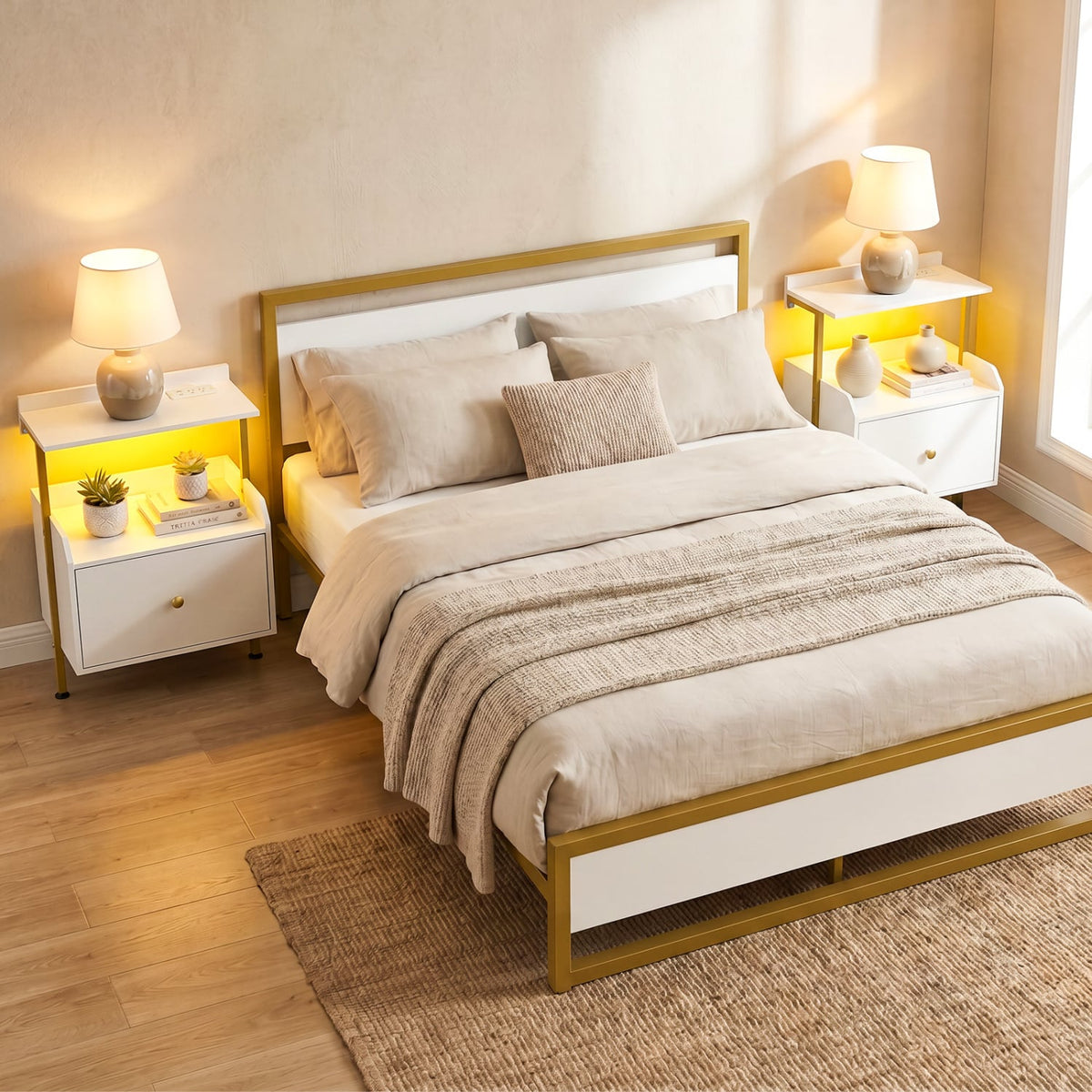 Wall-mounted Nightstand with LED Lights and Charging Station for Bedroom-White-Nightstands-DECOROLALA