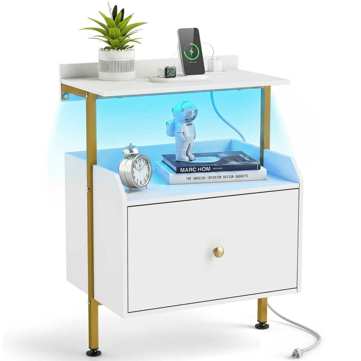 Wall-mounted Nightstand with LED Lights and Charging Station for Bedroom-White-Nightstands-DECOROLALA