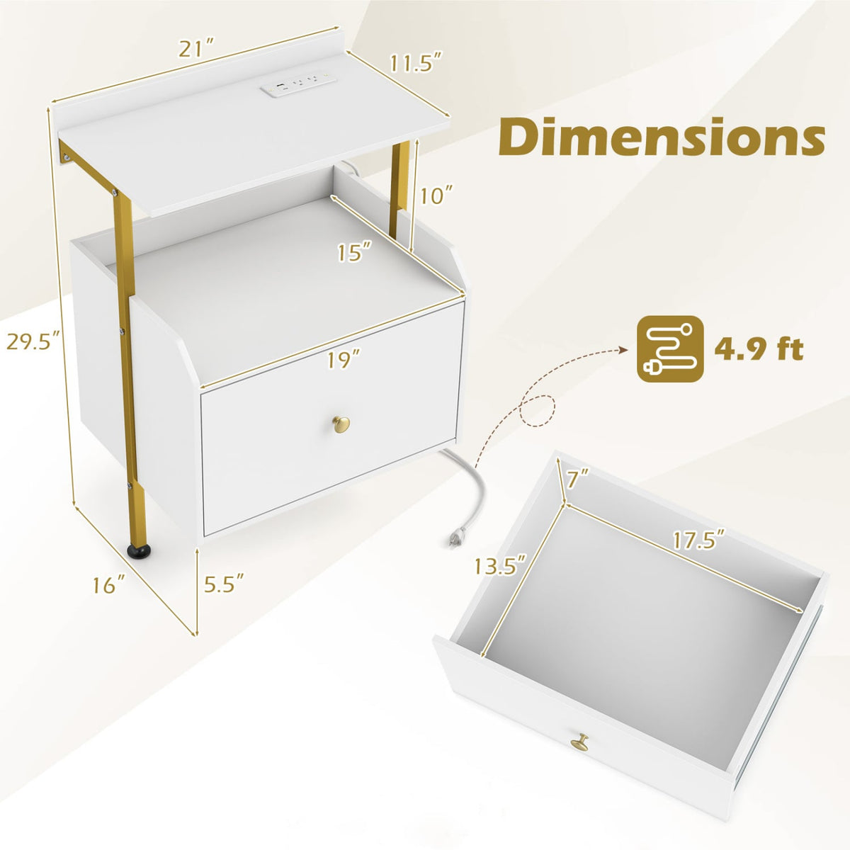 Wall-mounted Nightstand with LED Lights and Charging Station for Bedroom-White-Nightstands-DECOROLALA