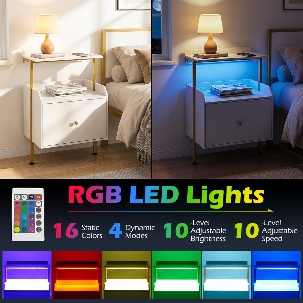 Wall-mounted Nightstand with LED Lights and Charging Station for Bedroom-White-Nightstands-DECOROLALA