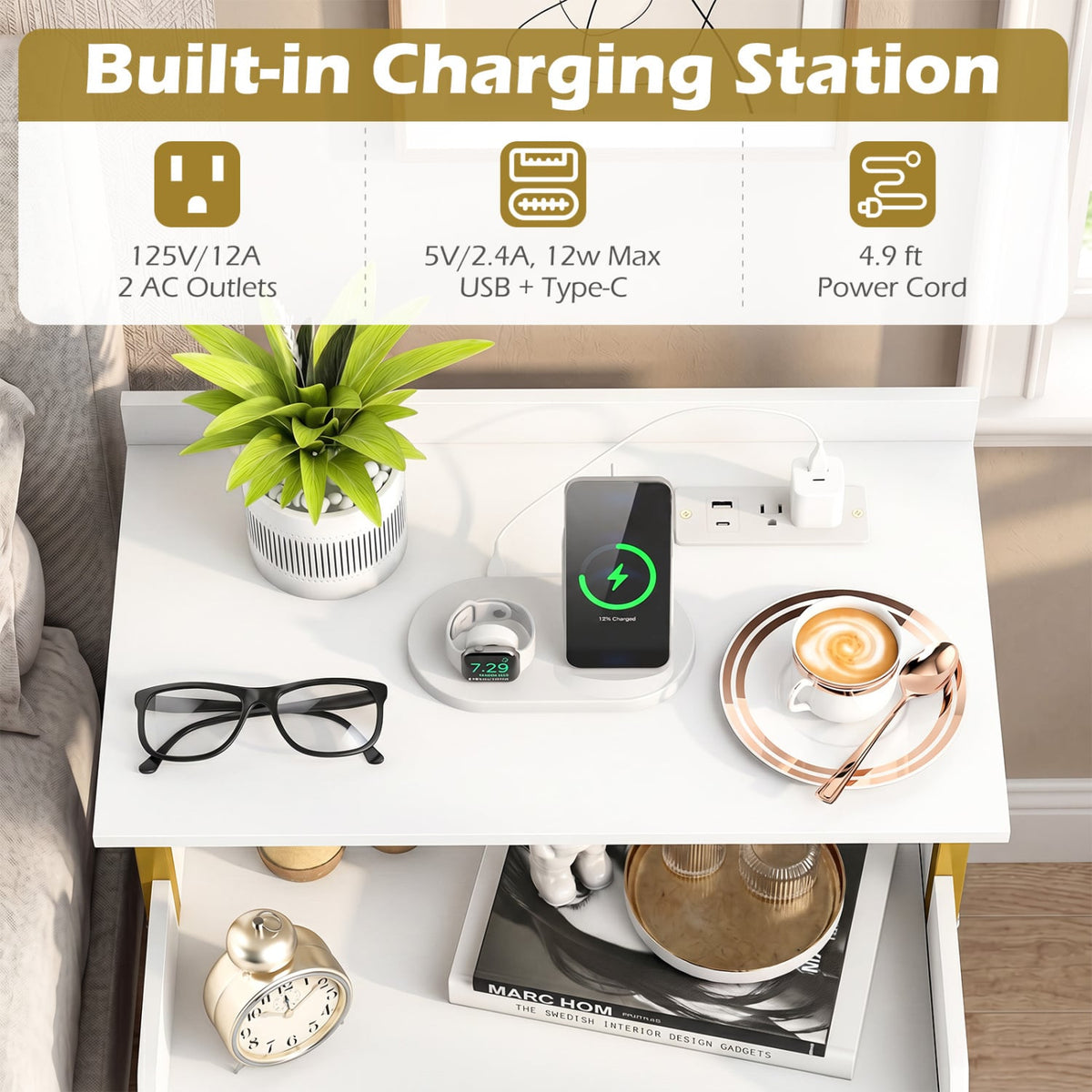 Wall-mounted Nightstand with LED Lights and Charging Station for Bedroom-White-Nightstands-DECOROLALA