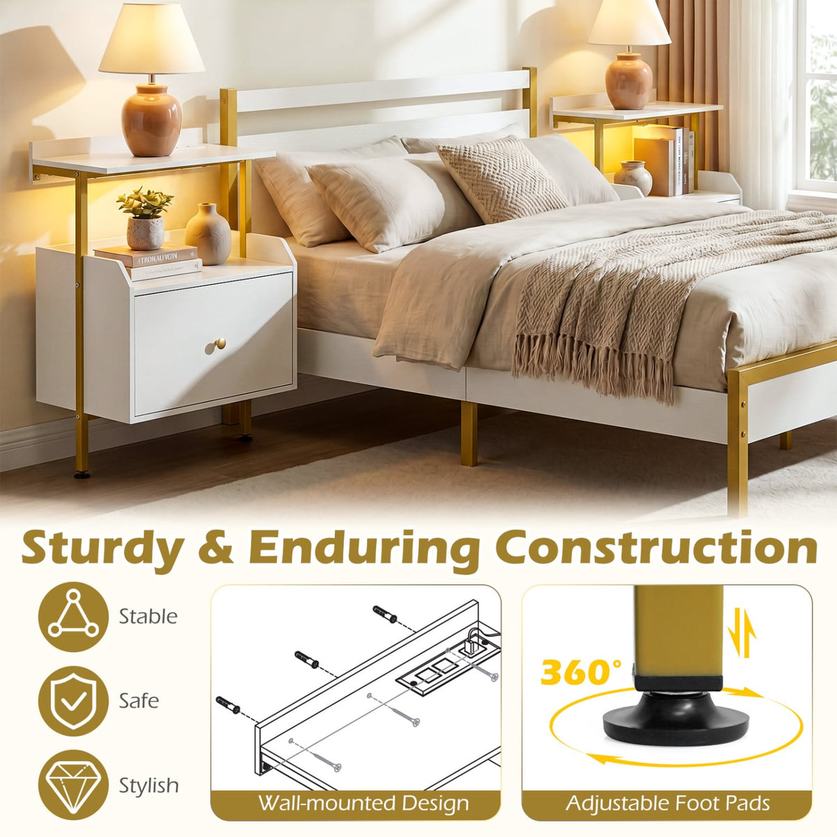 Wall-mounted Nightstand with LED Lights and Charging Station for Bedroom-White-Nightstands-DECOROLALA