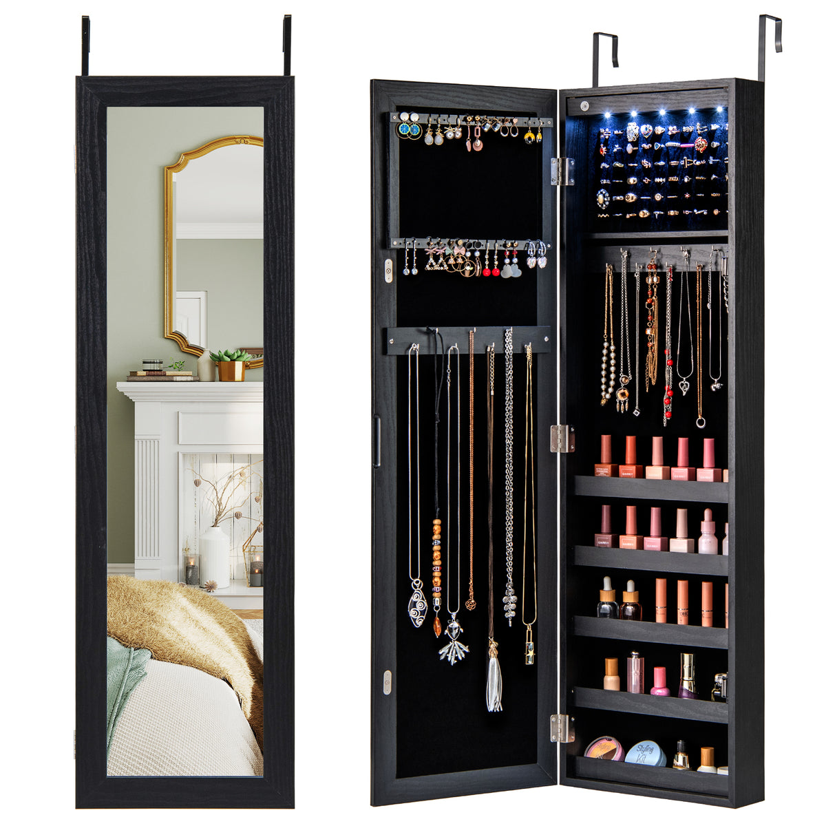 Wall or Door Mounted Jewelry Cabinet with Full-Length Mirror and LED Lights-Black-Jewelry Armoires-DECOROLALA